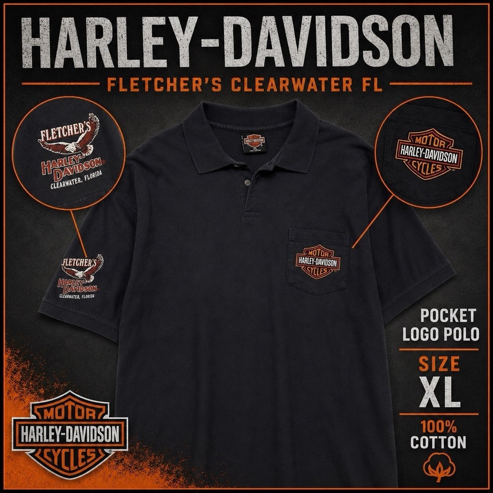 Harley Davidson Fletcher's Clearwater‎ FL Polo Shirt XL Black Pocket Logo Biker
